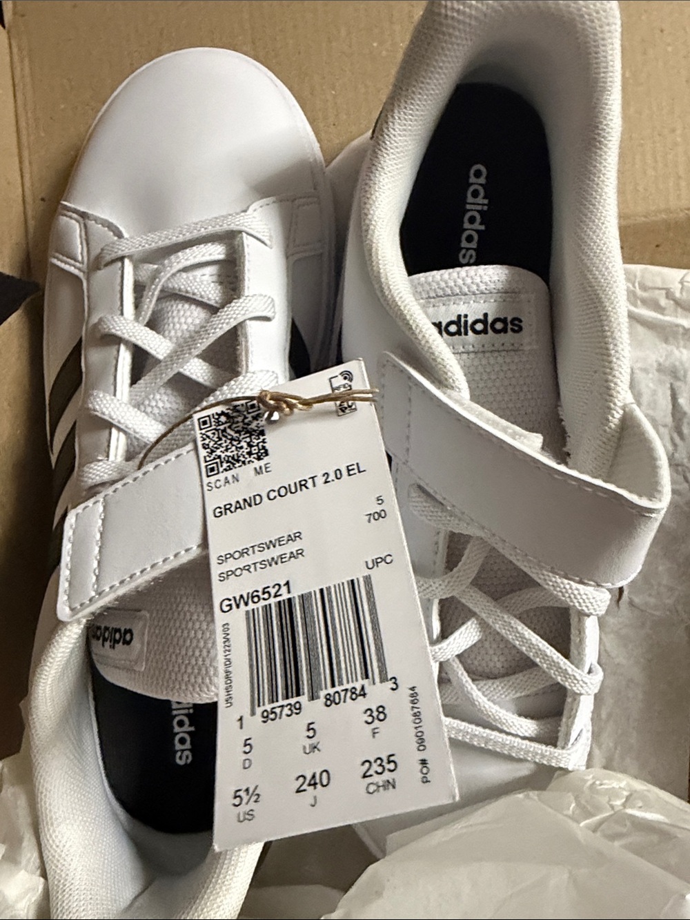 NWT adidas Kids White with black stripes Grand Court 2.0 EL Velcro Sneakers